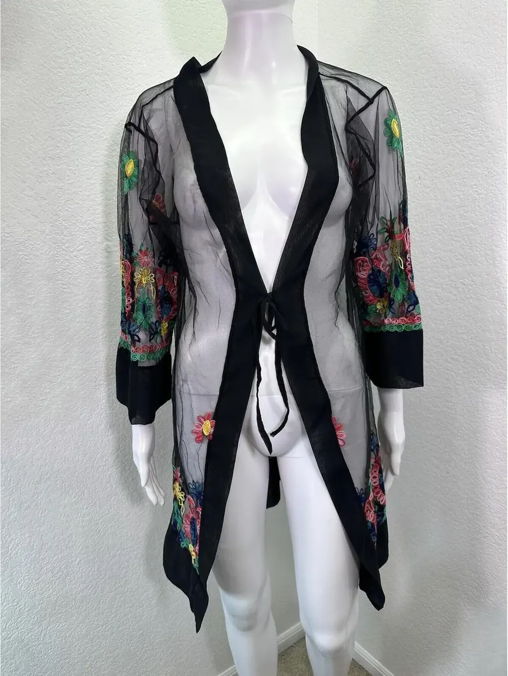 Black Mesh Floral Duster Embroidered Traditional Mexican Style Loungewear